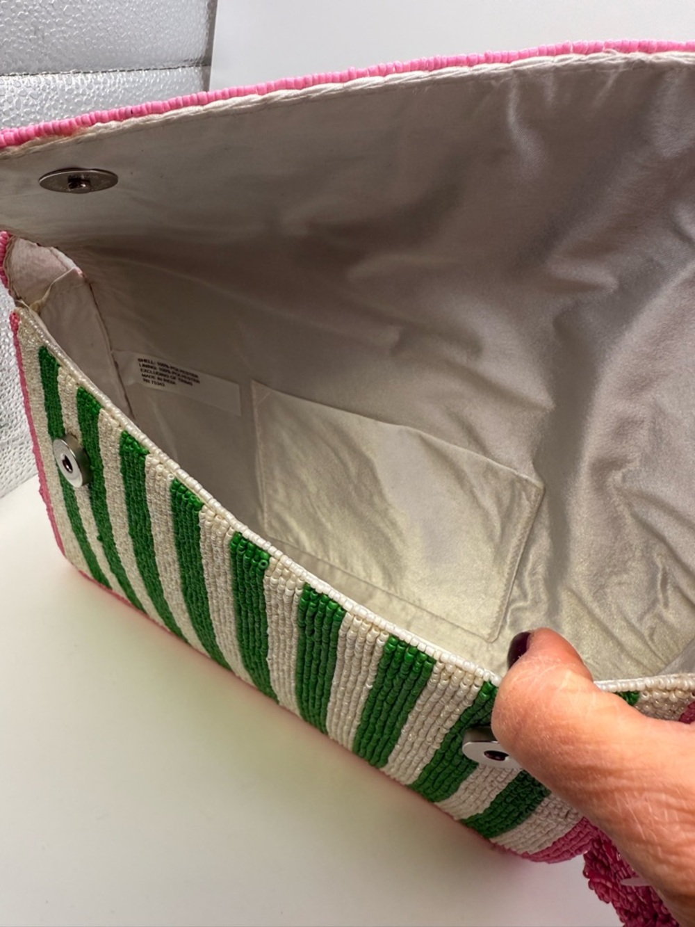 Striped Pink & Green Beaded Shoulder Bag - Picture 6 of 6